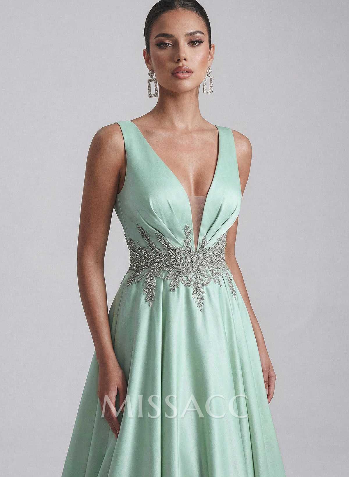 Elegant A-Line Plunge Neck Sleeveless Sweep Train Satin Evening Dresses With Rhinestone