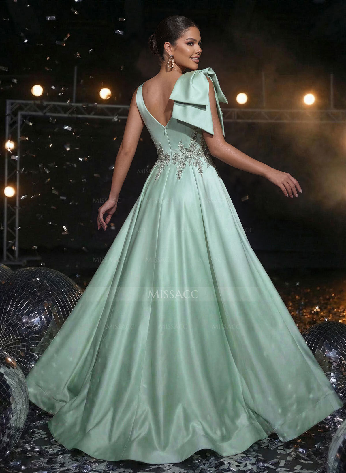 A-Line Plunge Neck Sleeveless Sweep Train Satin Evening Dresses With Bow(s)/Rhinestone