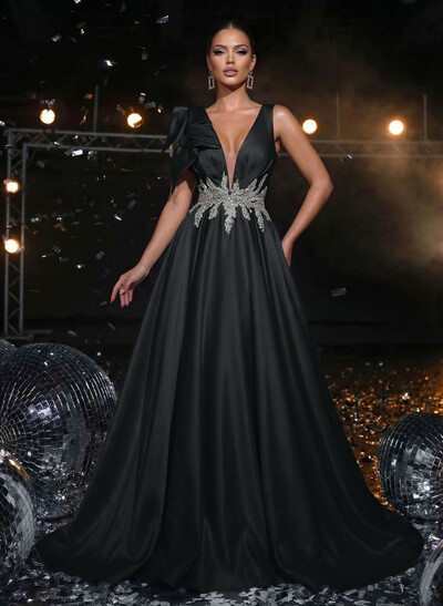 A-Line Plunge Neck Sleeveless Sweep Train Satin Evening Dresses With Bow(s)/Rhinestone