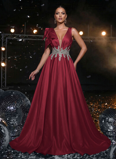 A-Line Plunge Neck Sleeveless Sweep Train Satin Evening Dresses With Bow(s)/Rhinestone