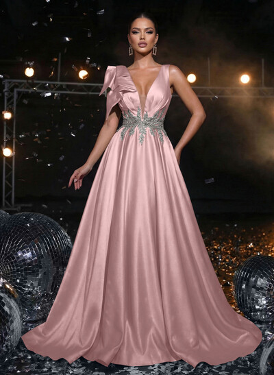 A-Line Plunge Neck Sleeveless Sweep Train Satin Evening Dresses With Bow(s)/Rhinestone