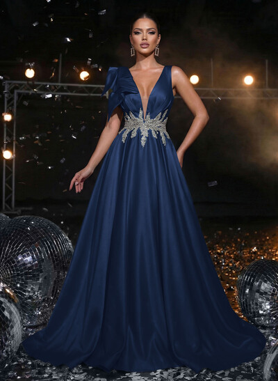A-Line Plunge Neck Sleeveless Sweep Train Satin Evening Dresses With Bow(s)/Rhinestone