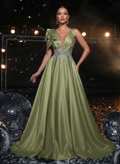 A-Line Plunge Neck Sleeveless Sweep Train Satin Evening Dresses With Bow(s)/Rhinestone