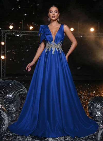 A-Line Plunge Neck Sleeveless Sweep Train Satin Evening Dresses With Bow(s)/Rhinestone