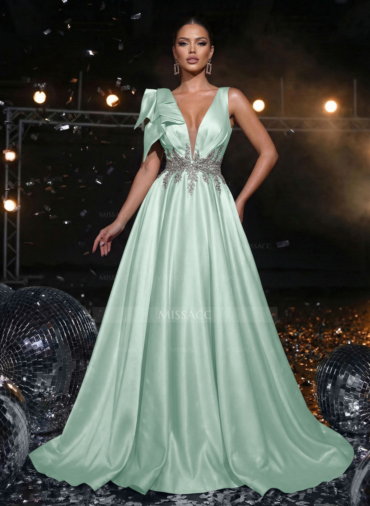 A-Line Plunge Neck Sleeveless Sweep Train Satin Evening Dresses With Bow(s)/Rhinestone