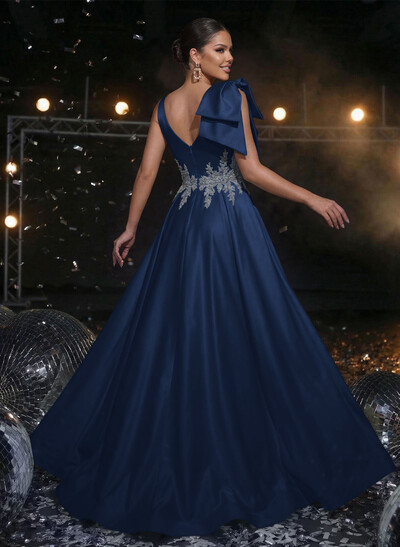 A-Line Plunge Neck Sleeveless Sweep Train Satin Evening Dresses With Bow(s)/Rhinestone