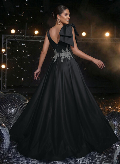 A-Line Plunge Neck Sleeveless Sweep Train Satin Evening Dresses With Bow(s)/Rhinestone
