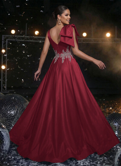 A-Line Plunge Neck Sleeveless Sweep Train Satin Evening Dresses With Bow(s)/Rhinestone