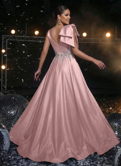 A-Line Plunge Neck Sleeveless Sweep Train Satin Evening Dresses With Bow(s)/Rhinestone