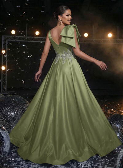 A-Line Plunge Neck Sleeveless Sweep Train Satin Evening Dresses With Bow(s)/Rhinestone