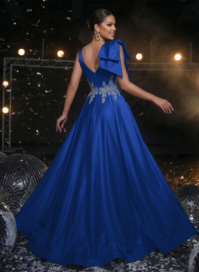 A-Line Plunge Neck Sleeveless Sweep Train Satin Evening Dresses With Bow(s)/Rhinestone