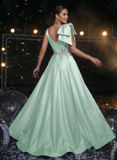 A-Line Plunge Neck Sleeveless Sweep Train Satin Evening Dresses With Bow(s)/Rhinestone