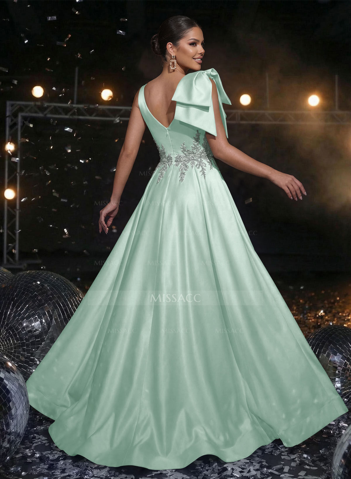A-Line Plunge Neck Sleeveless Sweep Train Satin Evening Dresses With Bow(s)/Rhinestone