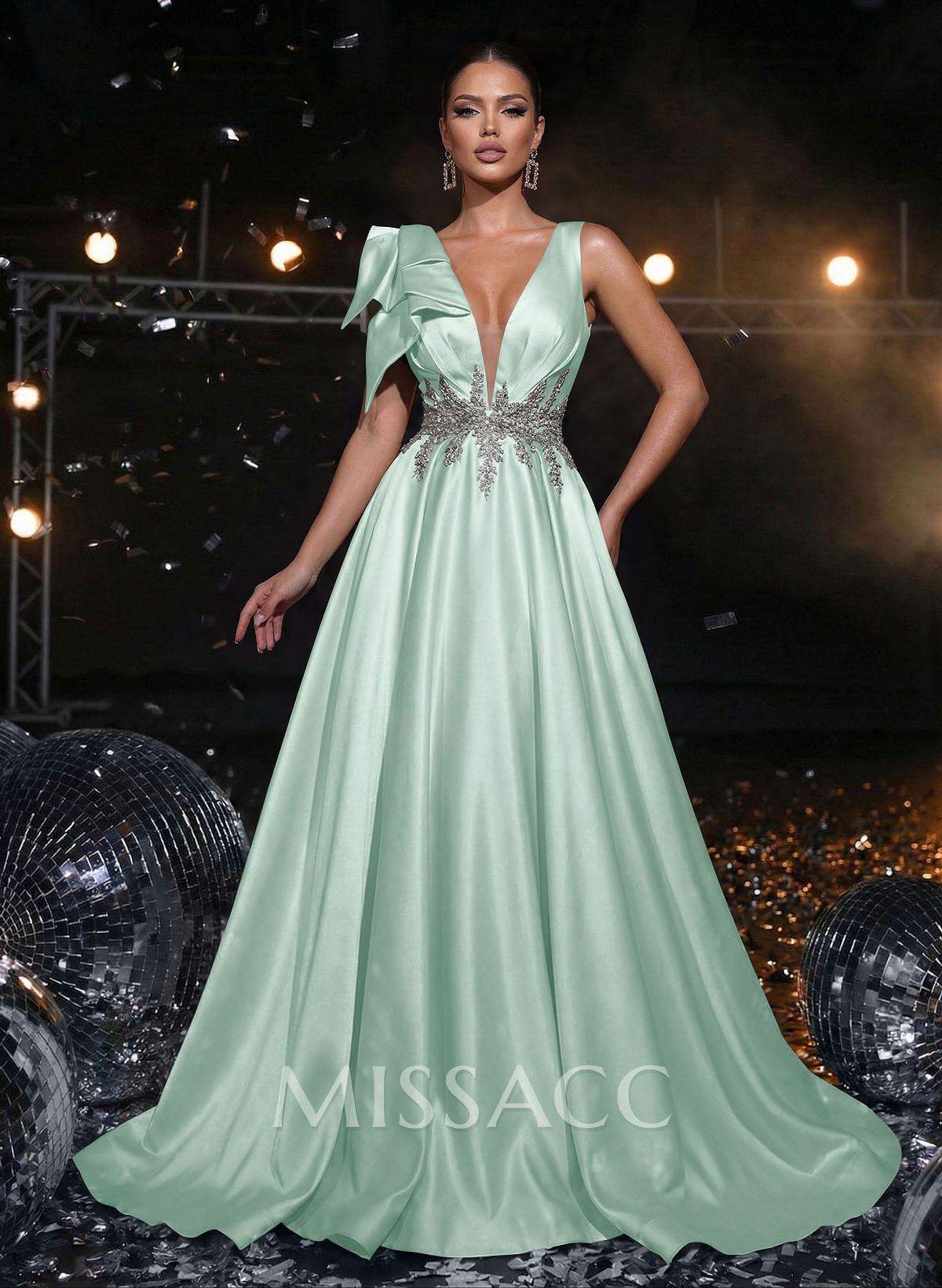 A-Line Plunge Neck Sleeveless Sweep Train Satin Evening Dresses With Bow(s)/Rhinestone