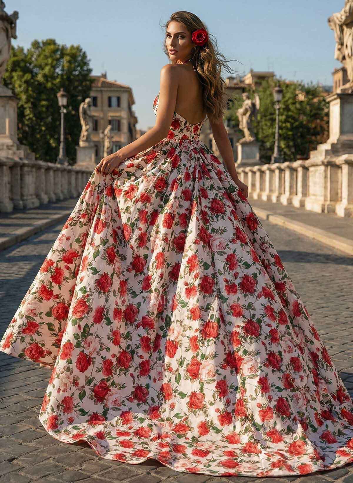 A-Line Halter/Plunge Neck Sleeveless Sweep Train Satin Evening Dresses With Rhinestone/Flower(s)/High Split