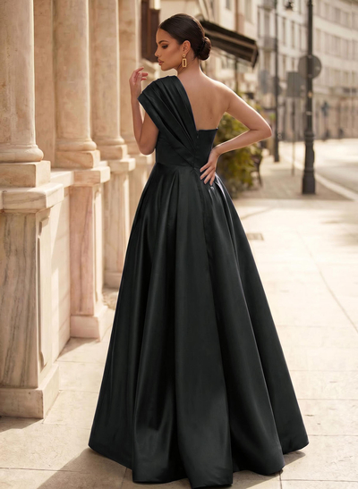 A-Line One-Shoulder Sleeveless Floor-Length Satin Evening Dresses With High Split