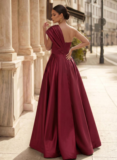 A-Line One-Shoulder Sleeveless Floor-Length Satin Evening Dresses With High Split