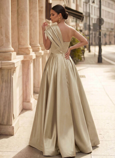 A-Line One-Shoulder Sleeveless Floor-Length Satin Evening Dresses With High Split
