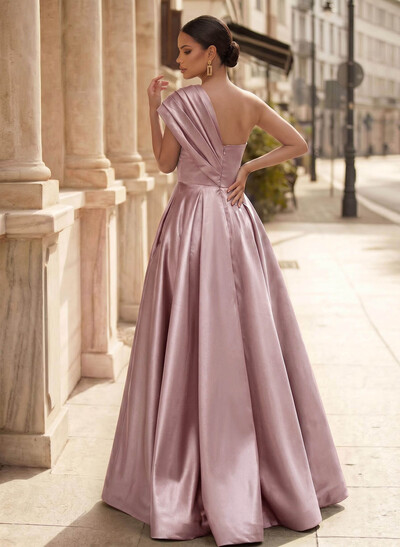 A-Line One-Shoulder Sleeveless Floor-Length Satin Evening Dresses With High Split