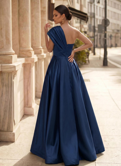 A-Line One-Shoulder Sleeveless Floor-Length Satin Evening Dresses With High Split