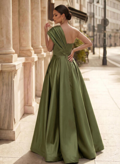 A-Line One-Shoulder Sleeveless Floor-Length Satin Evening Dresses With High Split