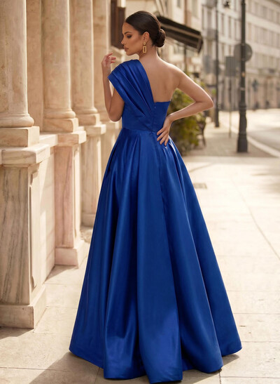 A-Line One-Shoulder Sleeveless Floor-Length Satin Evening Dresses With High Split