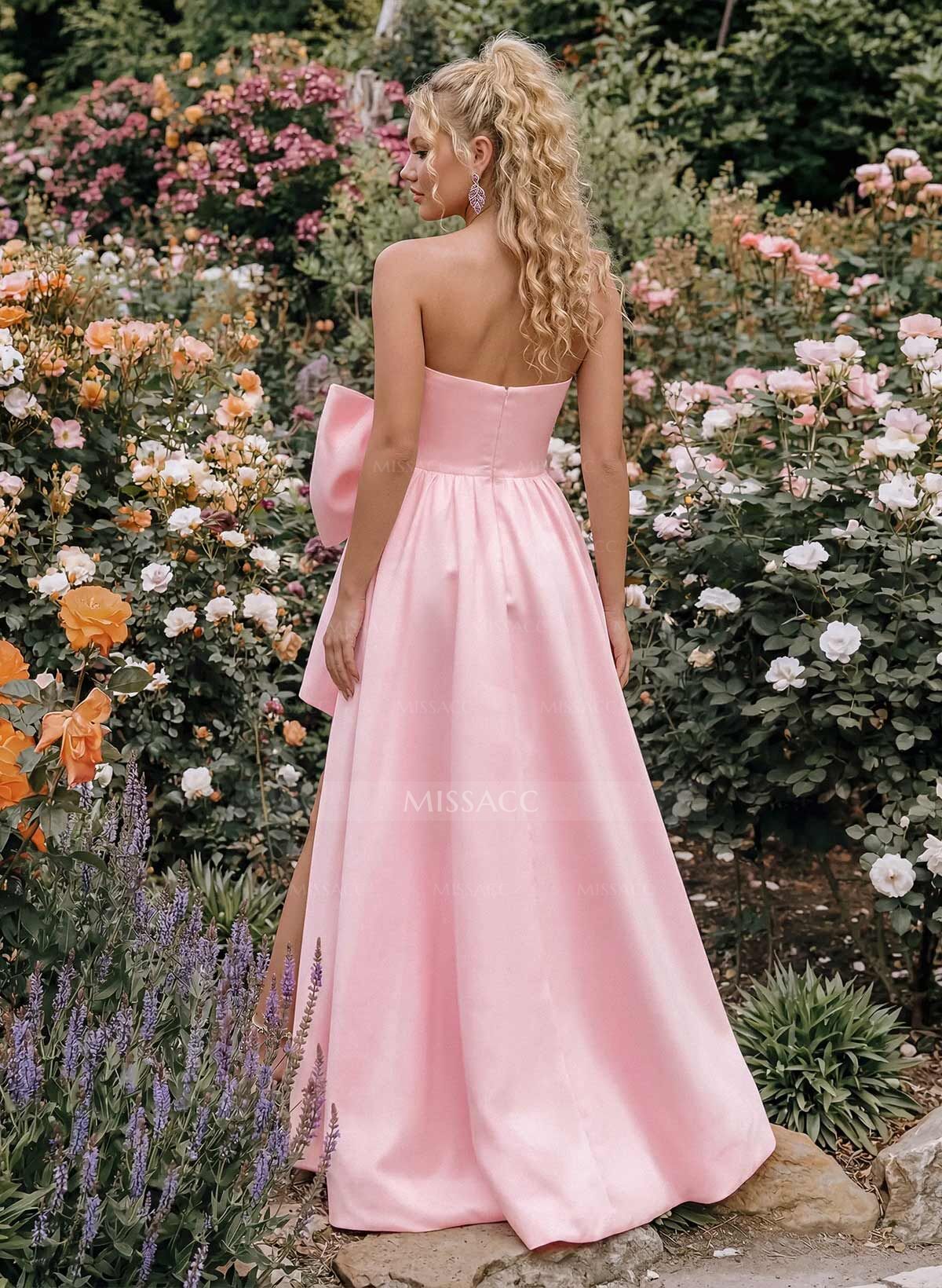 A-Line Strapless Sleeveless Floor-Length Satin Evening Dresses With Split Front/Bow(s)