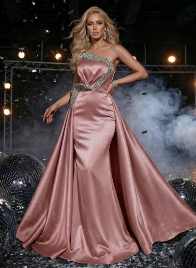 Sheath/Column One-Shoulder Sweep Train Satin Evening Dresses With Rhinestone/Overskirt Dress
