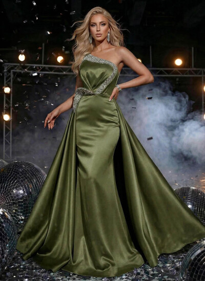 Sheath/Column One-Shoulder Sweep Train Satin Evening Dresses With Rhinestone/Overskirt Dress