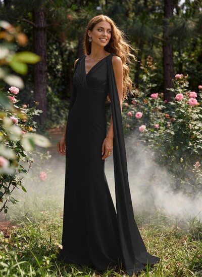 Trumpet/Mermaid V-Neck Cape Sleeves Floor-Length Elastic Satin/Charmeuse Evening Dresses