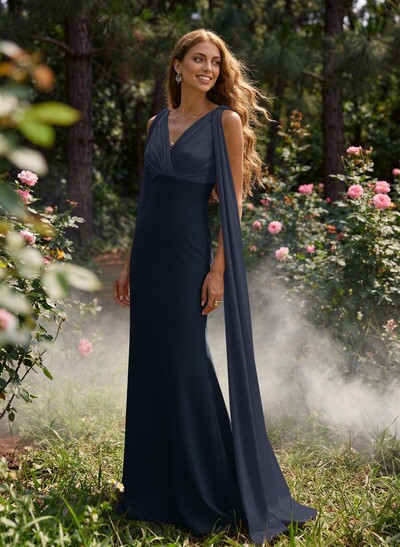 Trumpet/Mermaid V-Neck Cape Sleeves Floor-Length Elastic Satin/Charmeuse Evening Dresses