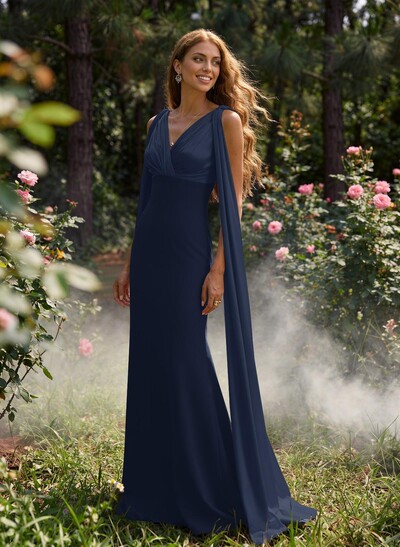 Mermaid/Trumpet V-Neck Cape Sleeve Floor-Length Stretch Satin/Charmeuse Evening Dresses