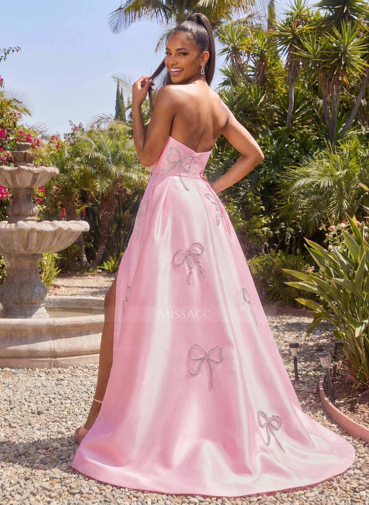 A-Line Strapless Sleeveless Sweep Train Twill Satin Evening Dresses With High Split