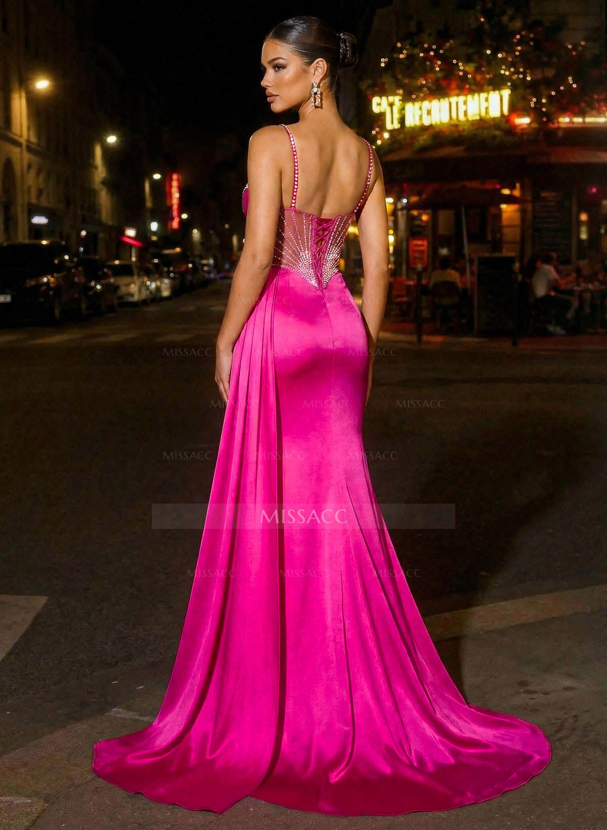 Trumpet/Mermaid Sweetheart Sweep Train Stretch Satin Knit Evening Dresses With Rhinestone/High Split/Sweeping Side Drape