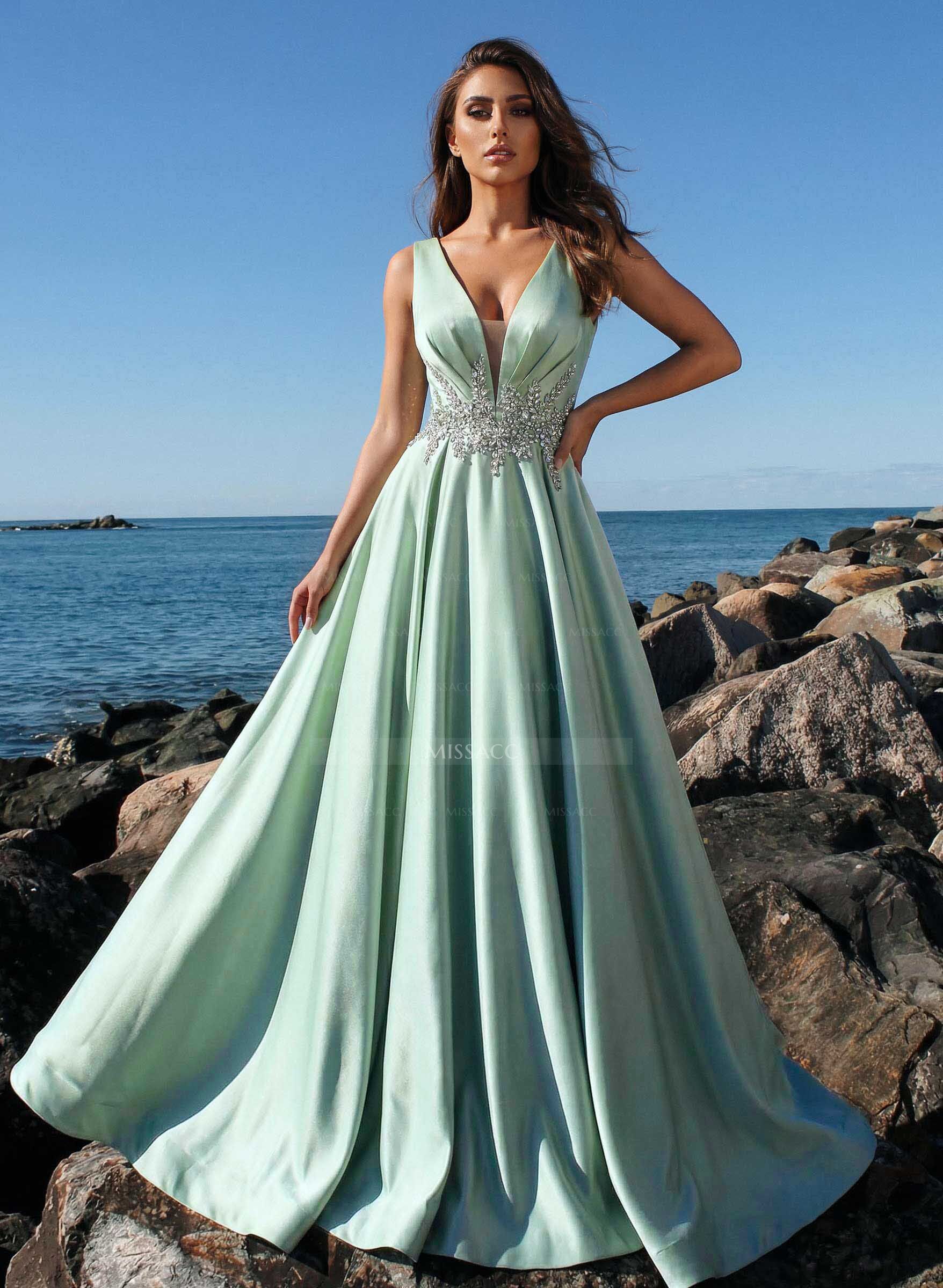 A-Line Plunge Neck Sleeveless Sweep Train Satin Evening Dresses With Rhinestone