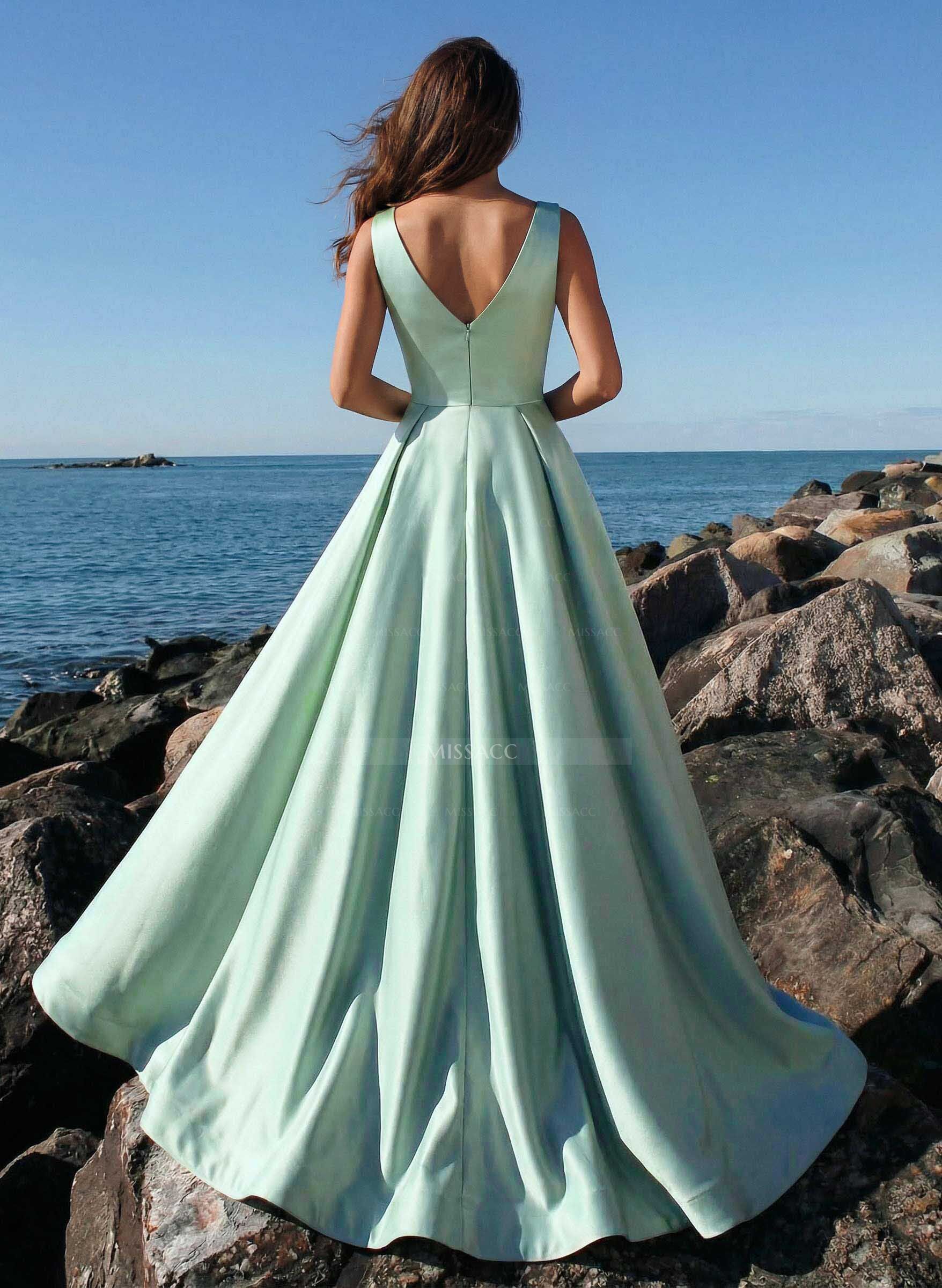 A-Line Plunge Neck Sleeveless Sweep Train Satin Evening Dresses With Rhinestone