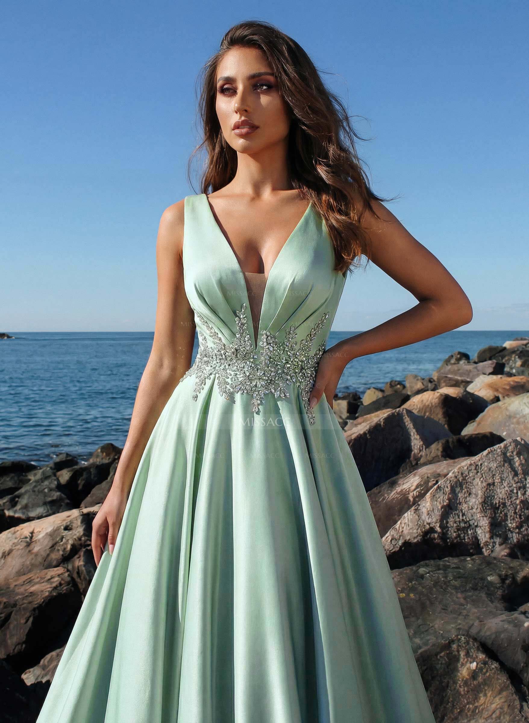 A-Line Plunge Neck Sleeveless Sweep Train Satin Evening Dresses With Rhinestone