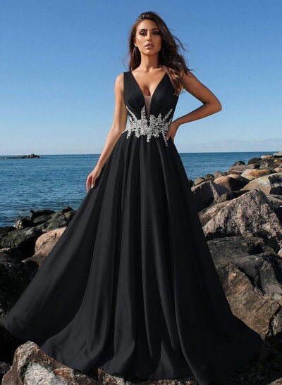 A-Line Plunge Neck Sleeveless Sweep Train Satin Evening Dresses With Rhinestone