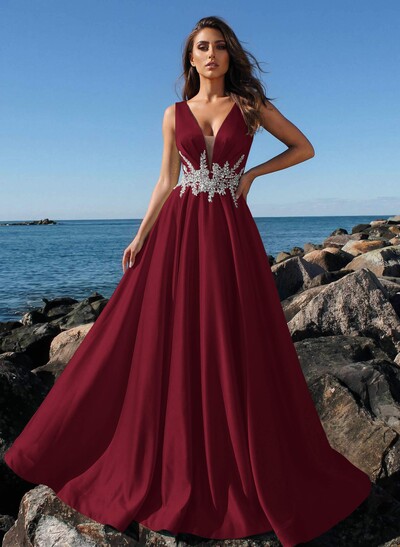 A-Line Plunge Neck Sleeveless Sweep Train Satin Evening Dresses With Rhinestone