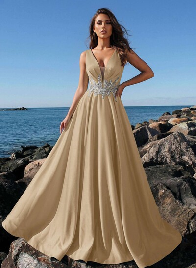 A-Line Plunge Neck Sleeveless Sweep Train Satin Evening Dresses With Rhinestone