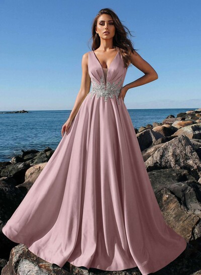 A-Line Plunge Neck Sleeveless Sweep Train Satin Evening Dresses With Rhinestone