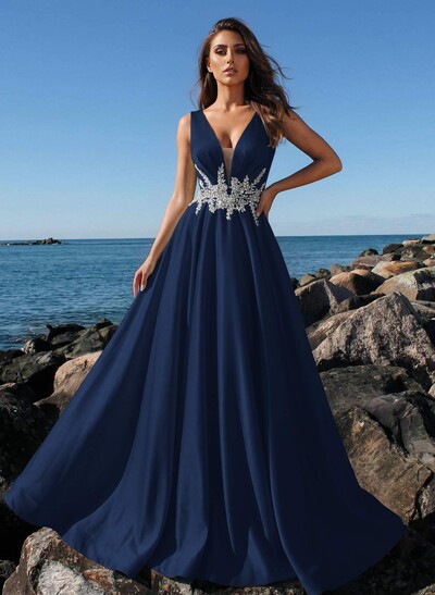 A-Line Plunge Neck Sleeveless Sweep Train Satin Evening Dresses With Rhinestone