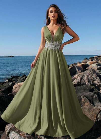 A-Line Plunge Neck Sleeveless Sweep Train Satin Evening Dresses With Rhinestone