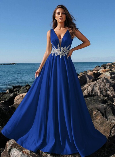 A-Line Plunge Neck Sleeveless Sweep Train Satin Evening Dresses With Rhinestone