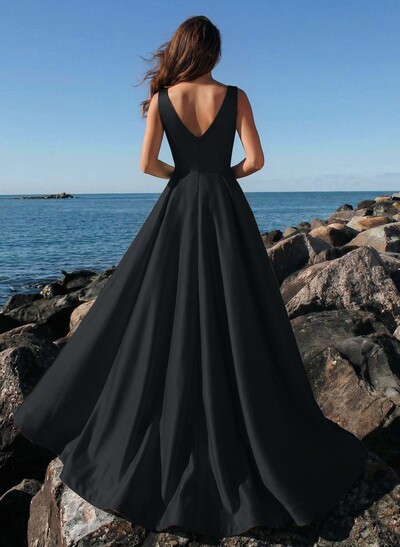 A-Line Plunge Neck Sleeveless Sweep Train Satin Evening Dresses With Rhinestone