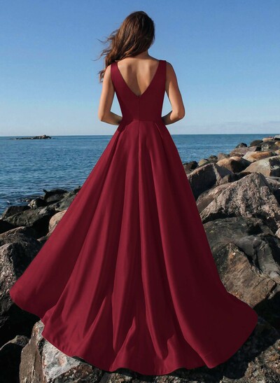 A-Line Plunge Neck Sleeveless Sweep Train Satin Evening Dresses With Rhinestone