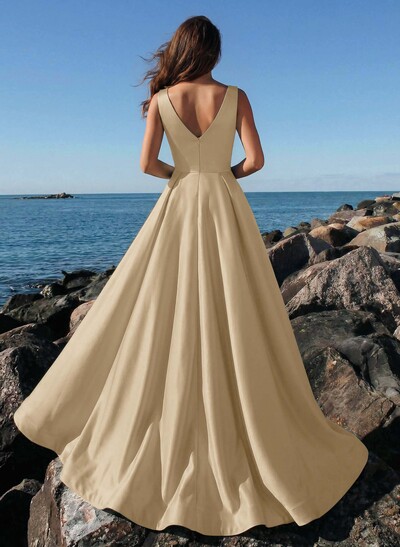 A-Line Plunge Neck Sleeveless Sweep Train Satin Evening Dresses With Rhinestone