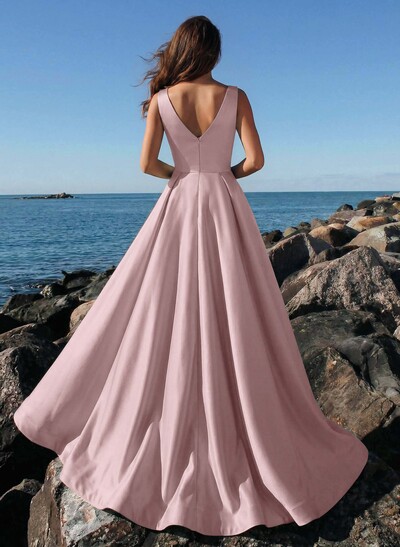 A-Line Plunge Neck Sleeveless Sweep Train Satin Evening Dresses With Rhinestone