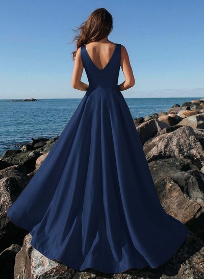 A-Line Plunge Neck Sleeveless Sweep Train Satin Evening Dresses With Rhinestone