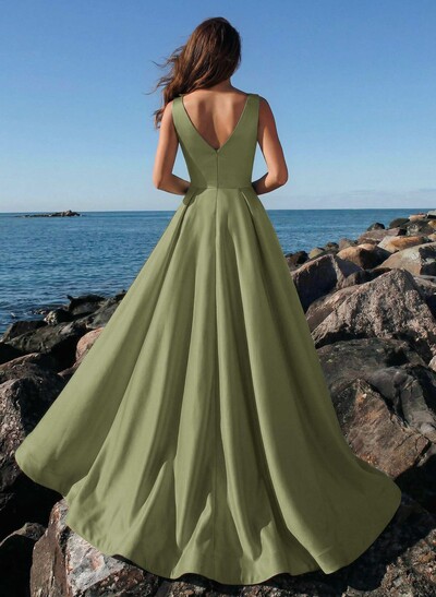A-Line Plunge Neck Sleeveless Sweep Train Satin Evening Dresses With Rhinestone